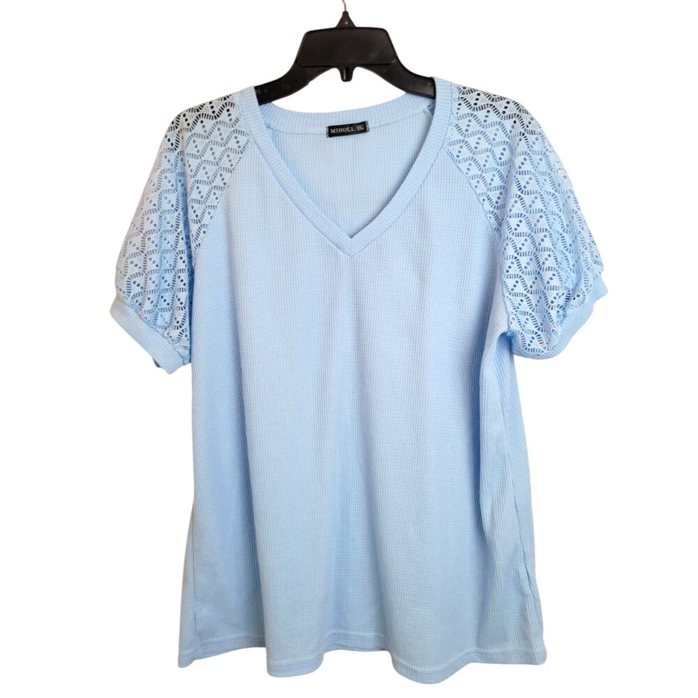 Miholl Short Sleeve Top Womens Size 2XL Blue V-Neck Waffle Knit Lightweight Lace